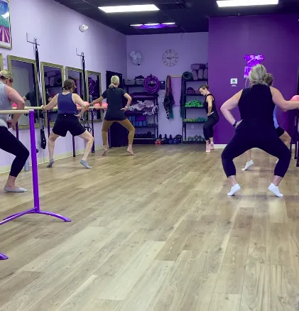 Class using the ballet barre for support during a standing sequence