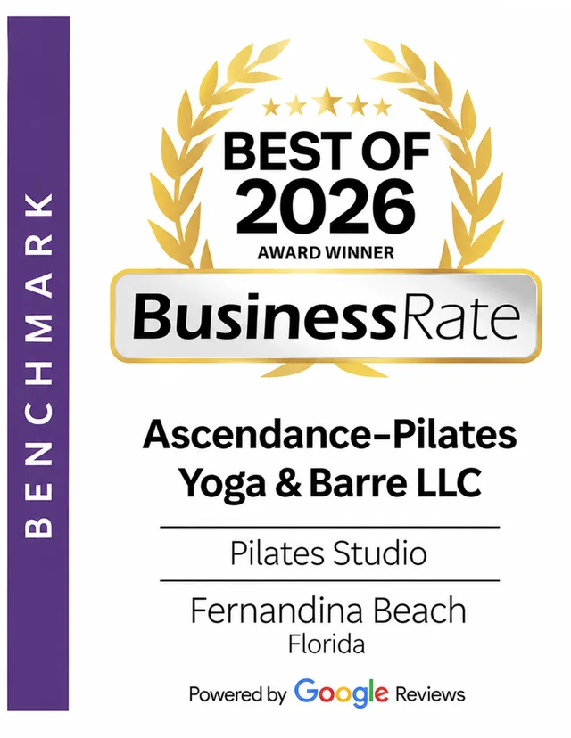 BusinessRate Best of 2026 Award Winner certificate for Ascendance Pilates, Yoga and Barre, Pilates Studio, Fernandina Beach, Florida