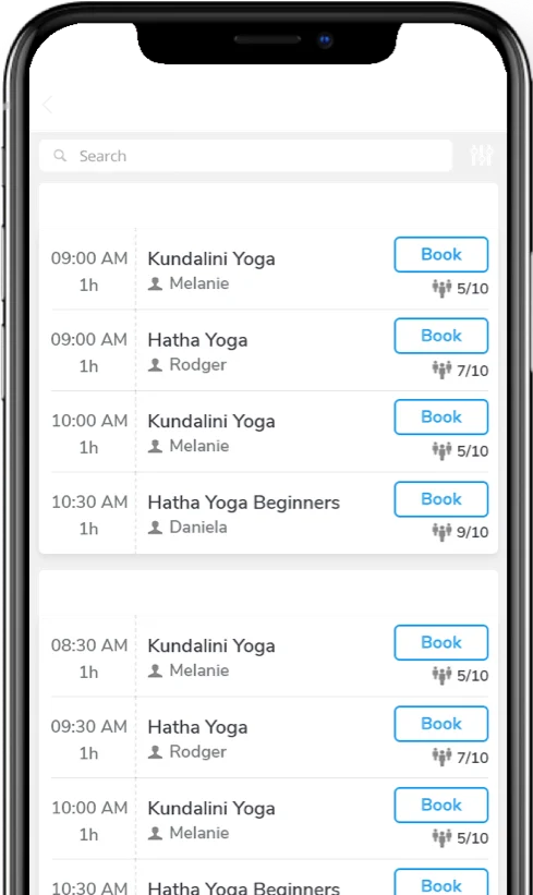 Ascendance app showing class schedule and booking